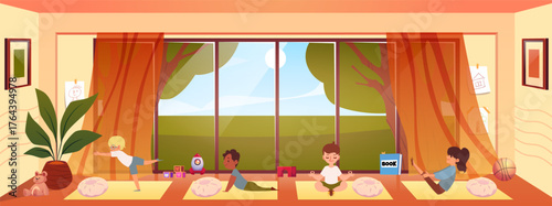 Yoga children class, girls and boys in yoga pose, happy little kids doing yoga exercise vector flat illustration, sport