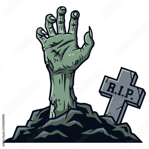 Cartoon undead hand from grave with tombstone, spooky Halloween vector.