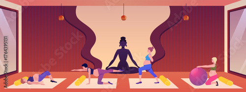 Yoga class studio with pregnant women doing acrobatic exercises vector flat illustration, healthy lifestyle, gymnastic