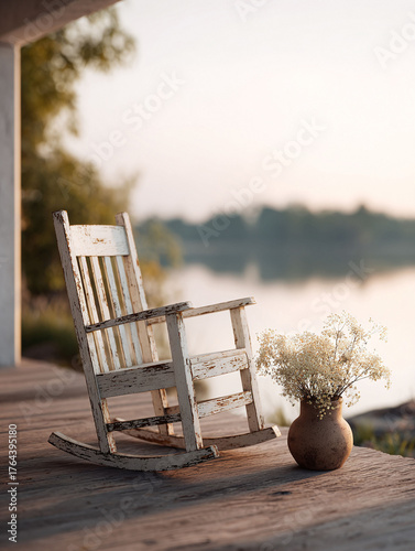 Fototapeta Naklejka Na Ścianę i Meble -  Serene porch scene. Aged rocking chair  flowers by lake evoke peace, relaxation, nostalgia. Ideal for lifestyle, home decor, slow living themes.