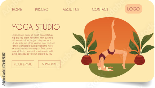 A landing page for a yoga studio website featuring a woman doing yoga poses.