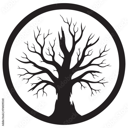 Black Silhouette Leafless Tree Inside Round Circle Graphic