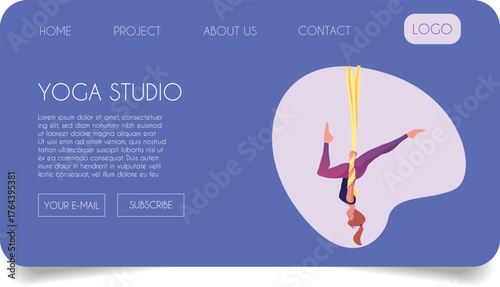 Yoga studio vector flat landing page advertising design, woman practicing yoga on the hanging rope, aerial pilates
