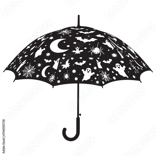 Flat Halloween Themed Umbrella with Ghost, Bat, and Moon Silhouette