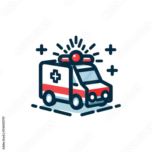 A stylized, cartoonish illustration of an ambulance with flashing lights and a red stripe, symbolizing emergency medical services.