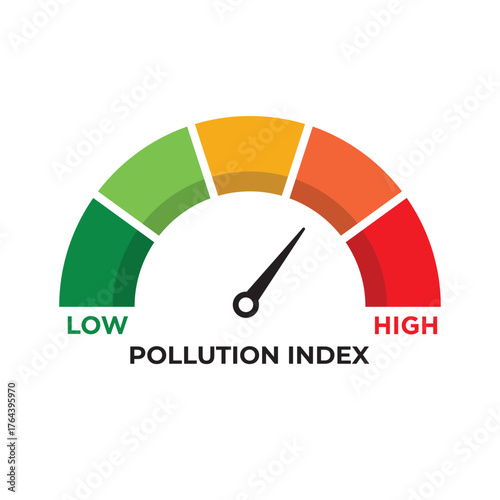 Pollution Index Level Meter. Speedometer Gauge Showing Low to High Scale from Green to Red. Vector Stock Illustration.