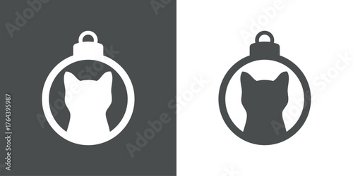 Tiempo de Navidad. Logo con silueta de bola de navidad con cabeza de gato para su uso en tarjetas y felicitaciones