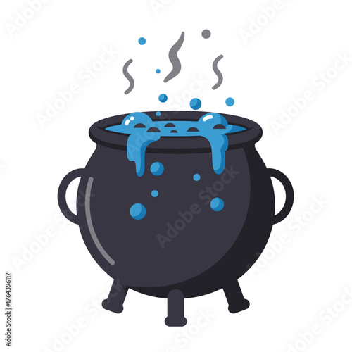 Halloween cauldron bubbling with blue potion, steam rising, a witch's brew, magical liquid, spooky, witchy, fantasy, and potion-making elements, ideal for party invitations or decorations