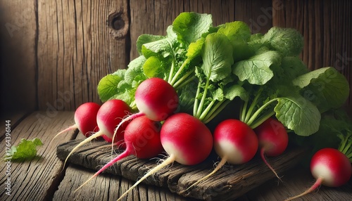 A close-up of freshly harvested radishes with vibrant red skin and crisp white flesh, along with lush green tops, resting on a rustic wooden surface