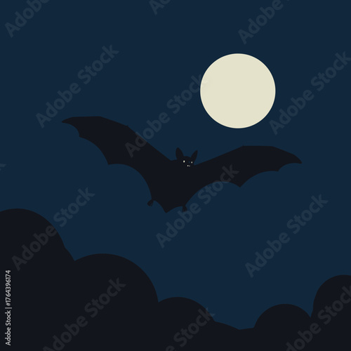 Mysterious bat silhouette gracefully soaring across the luminous full moonlit night sky, surrounded by dark, ominous clouds, evoking a classic spooky Halloween atmosphere