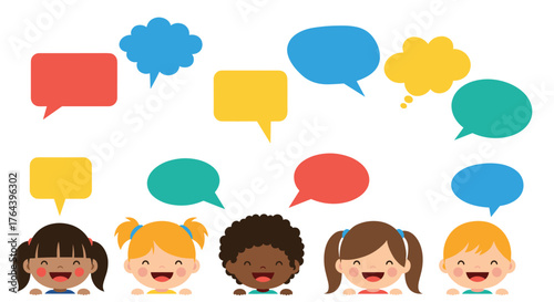 Children with speech bubbles expressing thoughts and ideas.