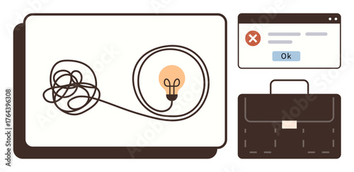 Tangled wire leading to glowing bulb, error message with Ok button, and briefcase representing problem-solving, innovation, and organization. Ideal for creativity, challenges, workflow, business