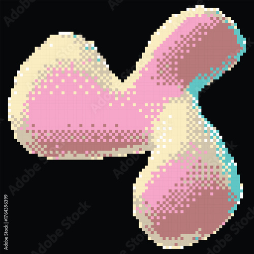 Y2K inflatable pixel art, abstract shape, pink with yellow and blue tints, 8-bit.