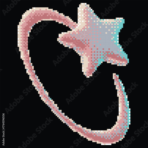 3D glossy pink star with ring holographic reflection surface pixel vector, retro Y2K galaxy emoji, squared cosmic icon