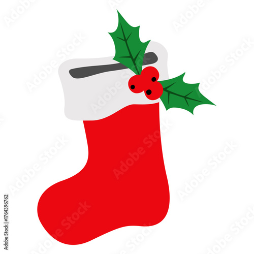 Decoración de Navidad. Logo con calcetín de Santa Claus con hojas y bayas de acebo para tarjetas y felicitaciones 
