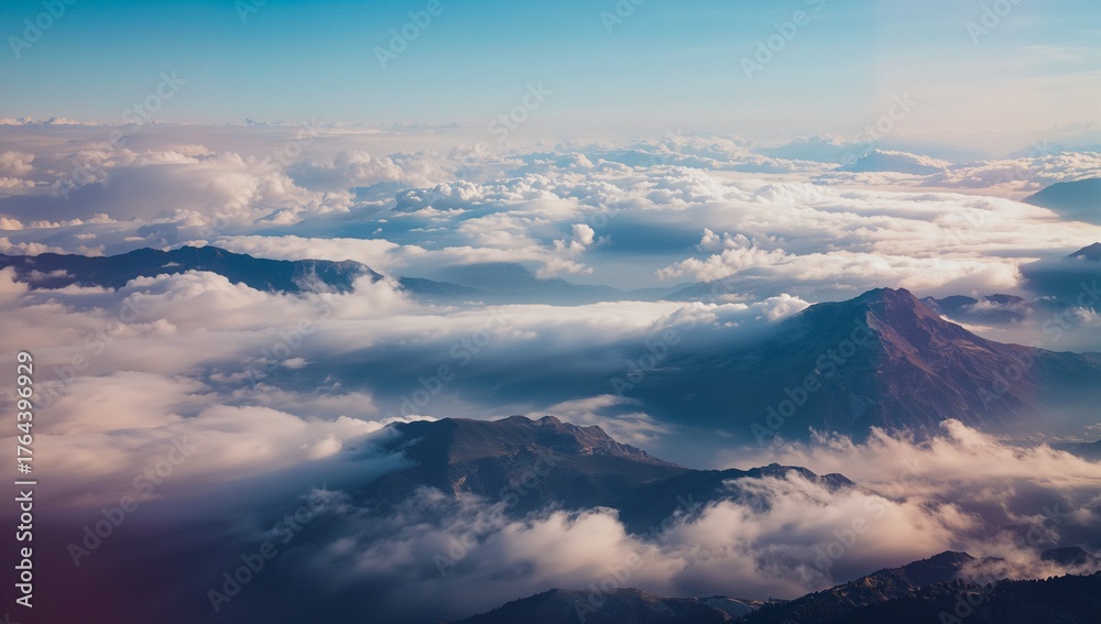 Obraz premium Revealing mountain peaks and ridges rising through cloud blanket from high-altitude, with pale sky