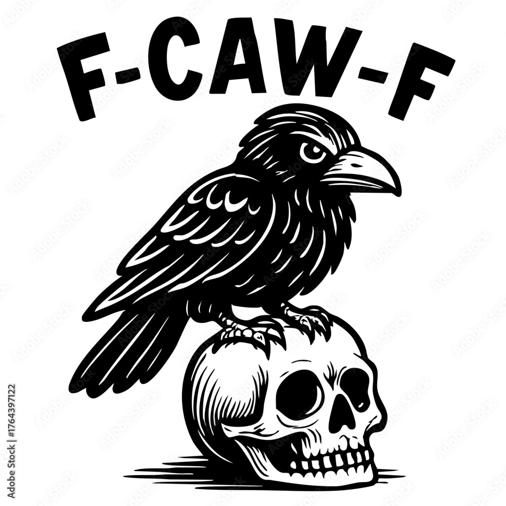 Obraz premium raven perched on human skull black and white vector illustration with bold clean lines and minimal shading concept of tattoo design and gothic fashion branding