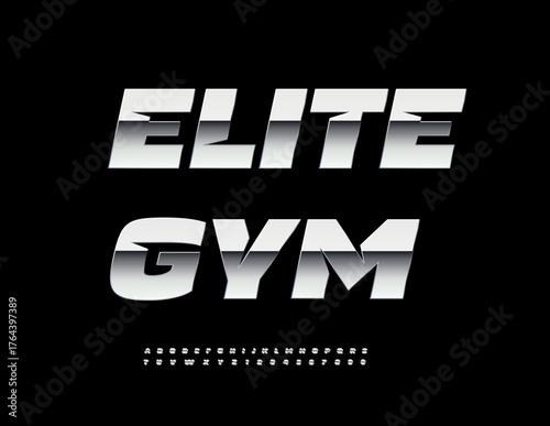 Vector Cool sign Elite Gym. Trendy Metallic Font. Modern Dynamic Silver Alphabet Letters and Numbers set. 