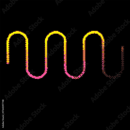 Yellow and pink gradient undulating stroke vector pixel art on black background, neon wavy line squared contour