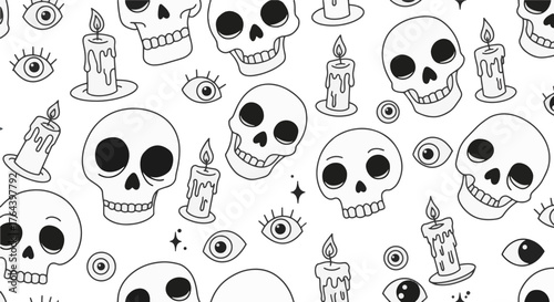 Gothic Seamless Pattern with Skulls, Dripping Candles, and All-Seeing Eyes