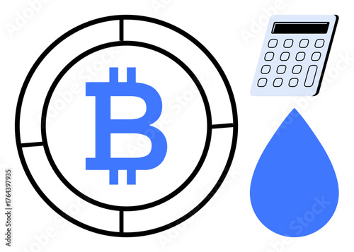 Bitcoin symbol in a segmented circle, calculator for calculation, and water droplet. Ideal for cryptocurrency, finance, sustainability, investment, saving, data analysis simple flat metaphor