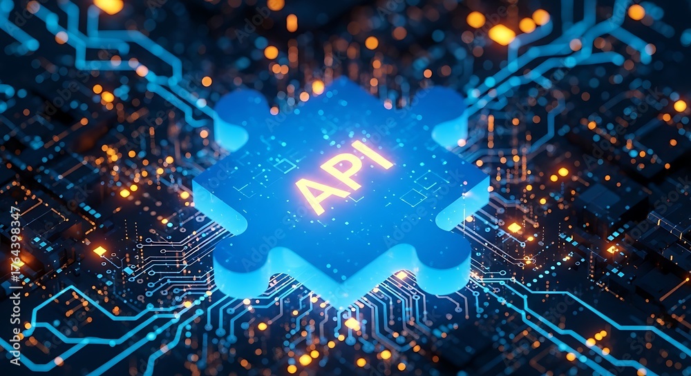 Fototapeta premium Blue Puzzle Piece with API Text Glowing on Circuit Board Background application programming interface