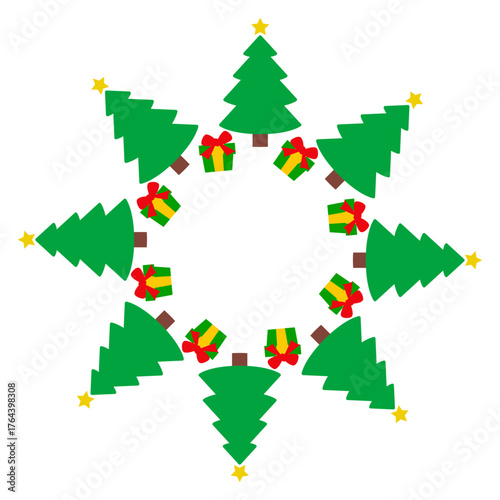 Logo con marco con forma de estrella con árboles de Navidad y paquetes de regalo de Santa Claus	