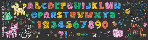 Kid typography set with crayon colorful alphabet, numbers and playful doodles of animals and flowers, sun with clouds and house on blackboard background. Hand drawn sketchy letters with chalk texture