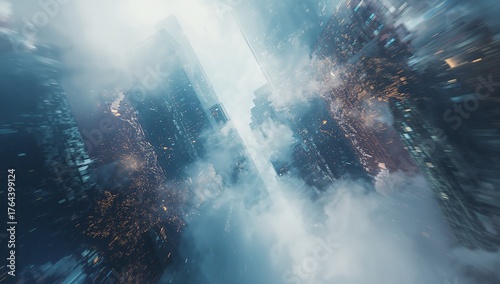 Splitting glowing chasm cutting through cityscape overhead, with skyscrapers in swirling clouds