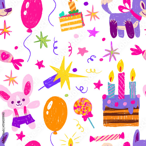 Birthday crayon seamless pattern with hand drawn celebration elements - balloons and cake with candle, candy and gift box, stars and confetti. Childlike textured style scattered on white background.