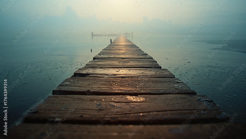 Fototapeta premium Stretching wooden pier reaching into misty lake, with scattered water droplets and distant posts