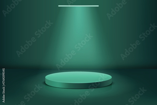 Green round podium stand with spotlight, 3D pedestal, vector minimalistic background, platform for product presentation
