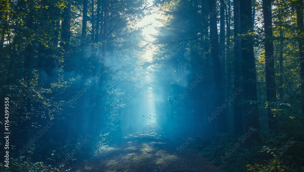 Fototapeta premium Bathing forest trail gleaming with trunks and ferns at dawn, with sun beams and bird silhouettes