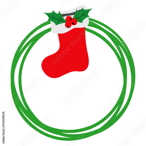 Decoración de Navidad. Borde de adorno. Logo con marco circular con líneas con calcetín de Santa Claus con hojas y bayas de acebo 