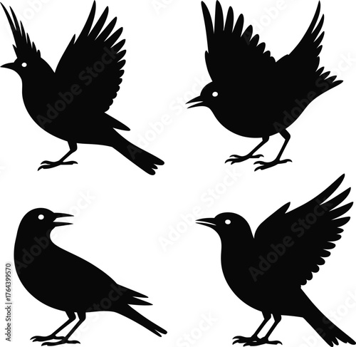 Black silhouette lark bird set clipart collection