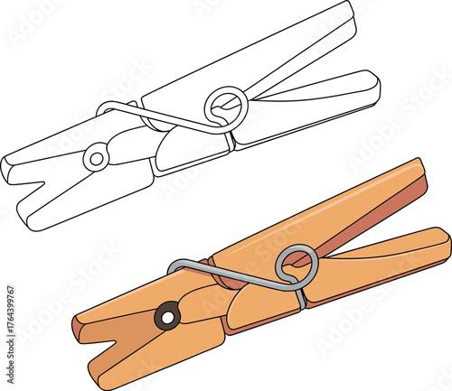 Wooden clothespin illustration, household laundry clip design, spring clamp drawing, clothing accessory template, everyday object sketch, wooden peg mockup