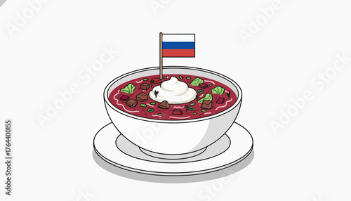 Russian Borscht Soup with Sour Cream and Flag Vector Illustration in Bowl