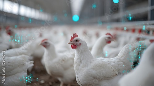 Modern poultry farm with data overlays showing digital monitoring and analysis of the flock's health.