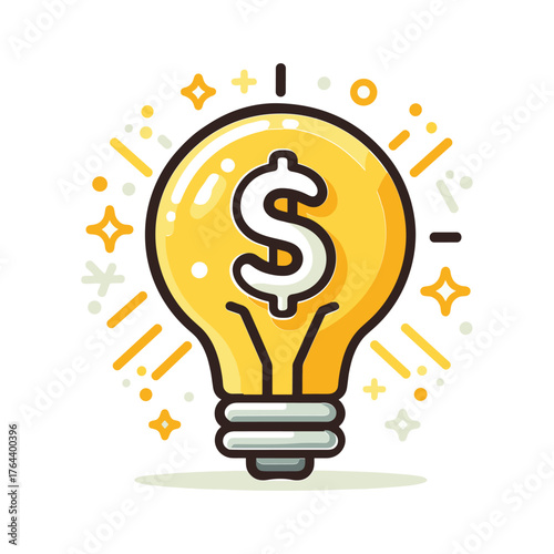 Bright yellow light bulb with a dollar sign inside, surrounded by glowing sparkles and stars, symbolizing a profitable idea or financial innovation.