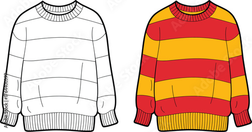 Sweater fashion illustration template, striped knitwear design, clothing mockup, apparel flat sketch, colorful pullover drawing, fashion design reference, garment