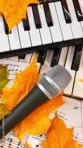 Creating the Sound of Autumn: A Music Producer's Setup with MIDI Keyboard, Microphone, and Headphones Surrounded by Warm Fall Leaves and Handwritten Sheet Music embodying seasonal creative inspiration