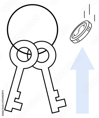 Two keys overlapping, a coin in motion, and an upward arrow signifying access, success, wealth, security, goals, upward trends and potential growth. A simple flat metaphor