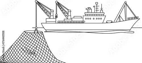 Commercial fishing vessel catching fish with net, industrial trawler at sea, seafood harvest, ocean fishing boat, maritime industry illustration