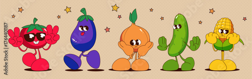 Retro vegetable characters set isolated on background. Vector cartoon illustration of comic tomato, eggplant, onion, cucumber, corn mascots with smiling faces, hands and feet, veggie stickers pack