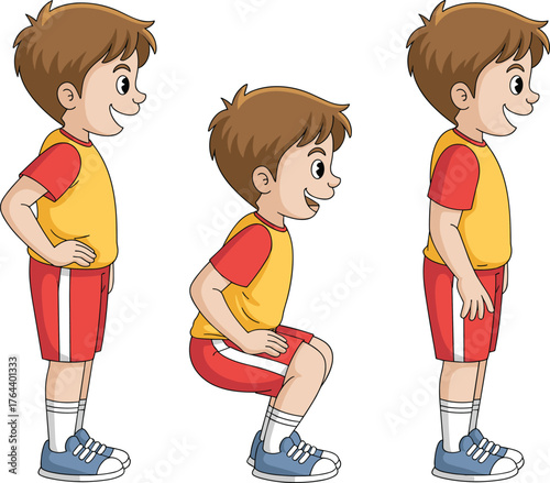 Cartoon boy doing squat exercise, fitness workout illustration, healthy lifestyle activity, children physical education, sports training, gym exercise guide