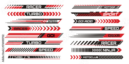 Stickers set for speed race car or motorcycle. Vector illustration pack of side emblems for drift sport vehicle, checkered red and black stripes with text, motor competition banner design elements