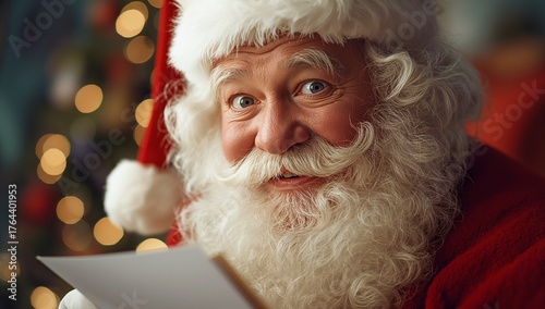 Santa Claus impersonator wearing red suit reading letter in living room, with Christmas tree bokeh