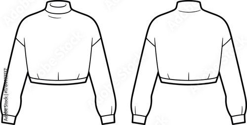 Fashion flat sketch of cropped sweatshirt front and back view, long sleeve pullover template, mock neck casual top vector illustration