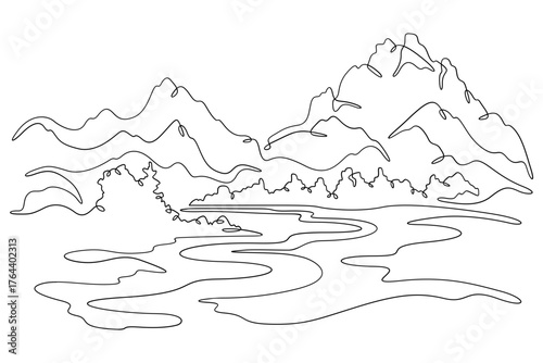 Continuous single line drawing road in the mountains. Mountain landscape. Winding high-mountain road. Linear . One continuous line isolated minimalist illustration. Not AI.