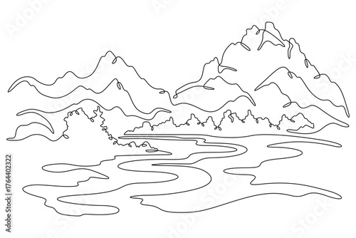 Continuous single line drawing road in the mountains. Mountain landscape. Winding high-mountain road. Linear . One continuous line isolated minimalist illustration. Not AI.